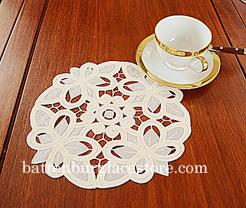 Round Doily. Christina Crystal Lace.10" RR.Pearled Ivory. 6pc